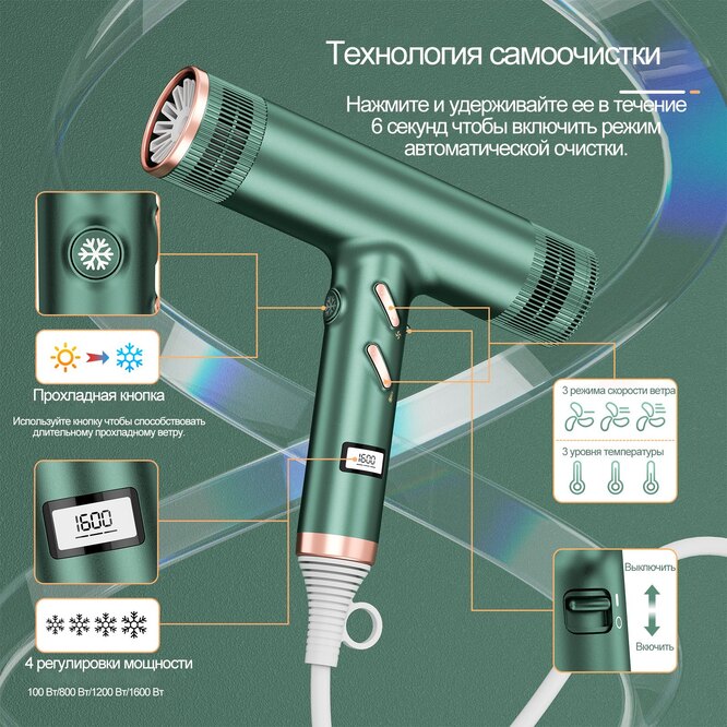 У новых моделей фенов бывает функция самоочистки, которая меняет направление потока воздуха, что позволяет проводить глубокую очистку фильтра путём удаления любых частиц, оставшихся на нем.